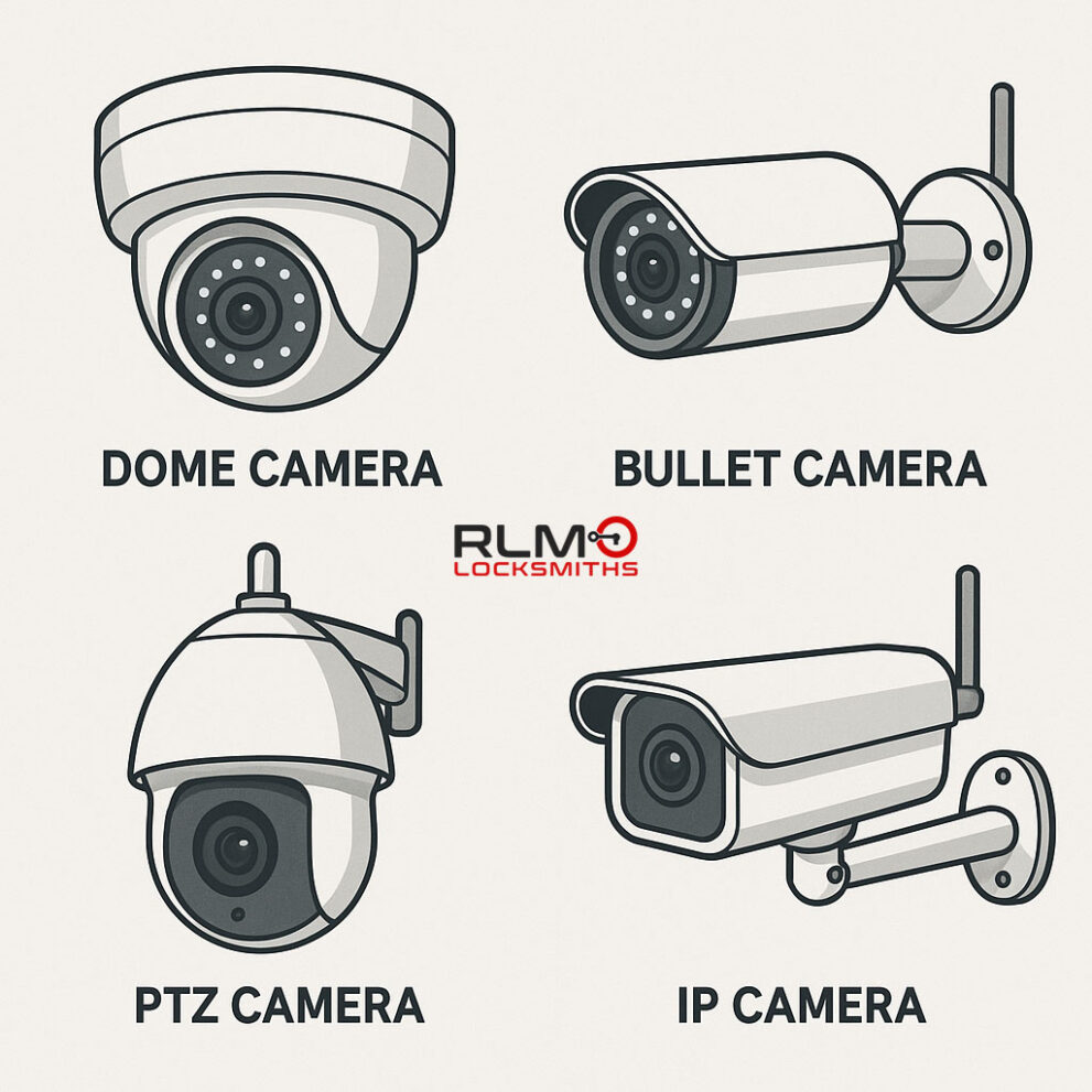 4 different CCTV camera types with the RLM logo in the middle.